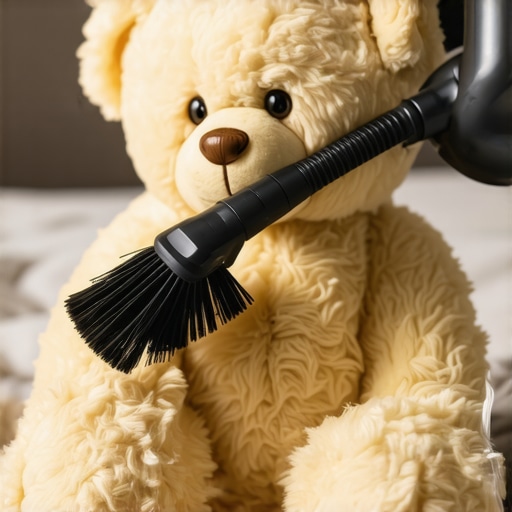 Handheld HEPA Vacuum Cleaning a Plush Toy A person using a handheld HEPA vacuum to safely remove allergens and dust from a delicate stuffed animal.
