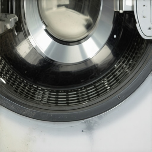 Close-up of black mold and detergent buildup inside the rubber seal of a front-loading washing machine.