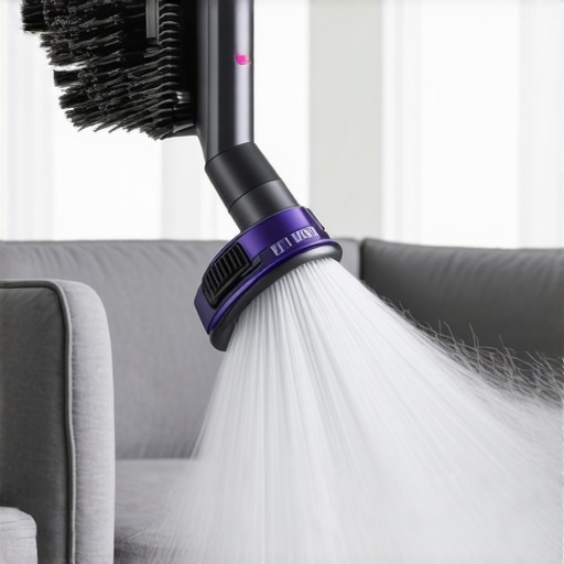 High Efficiency Upholstery Vacuuming Technique A specialized HEPA vacuum tool being used on a grey sofa to remove deep-seated dust.