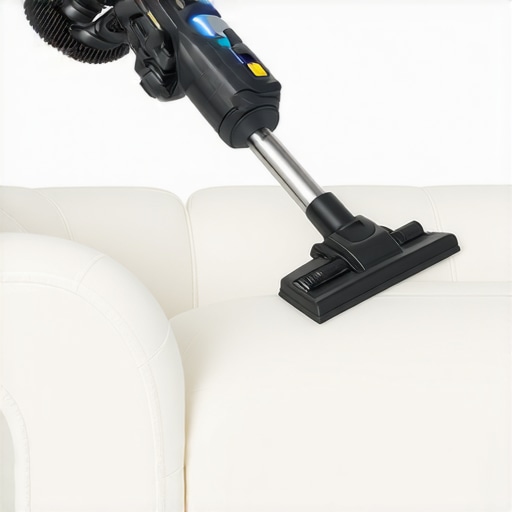 High-Efficiency Vacuuming for Upholstery Maintenance Close-up of a HEPA vacuum attachment cleaning a white sofa to prevent fabric wear.