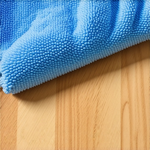 High-GSM Microfiber for Professional Cleaning A blue high-density microfiber cloth cleaning a wooden surface.