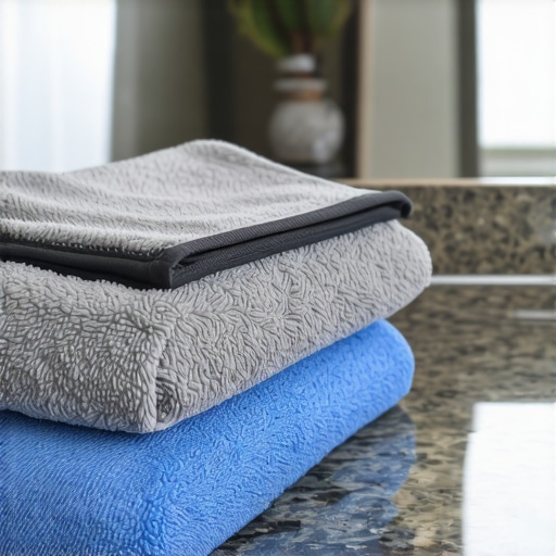 A blue and grey microfiber cloth on a counter next to a clean mirror