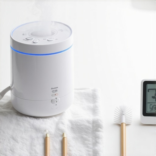 Humidifier Cleaning Kit and Hygrometer Close up of a disassembled humidifier with cleaning tools and a digital hygrometer on a towel