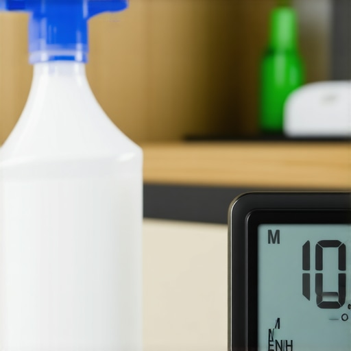 Importance of Disinfectant Dwell Time A timer next to a sprayed surface showing the necessary minutes for sanitizing chemicals to work.
