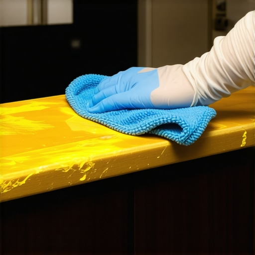Lifting kitchen grease with microfiber Close up of cleaning sticky grease off wooden kitchen cabinets using a microfiber cloth and soap.