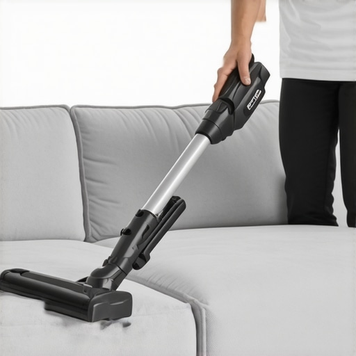 Handheld vacuum cleaning a modern sofa cushion to remove allergens and dust.