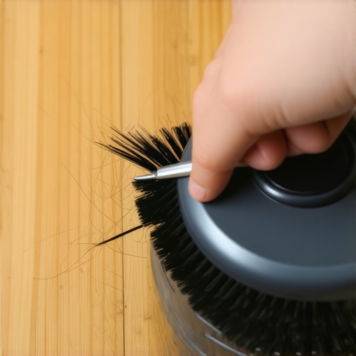 Close-up of cleaning a vacuum agitator brush roll to protect hardwood floors