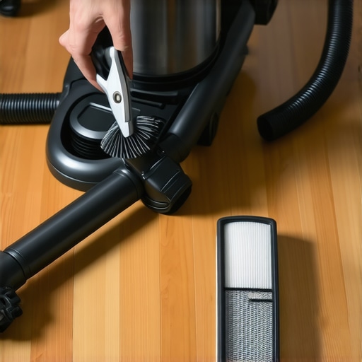 Maintaining your cleaning tools for maximum sanitization A person cleaning the brush roll of a HEPA vacuum cleaner to maintain suction and air quality.
