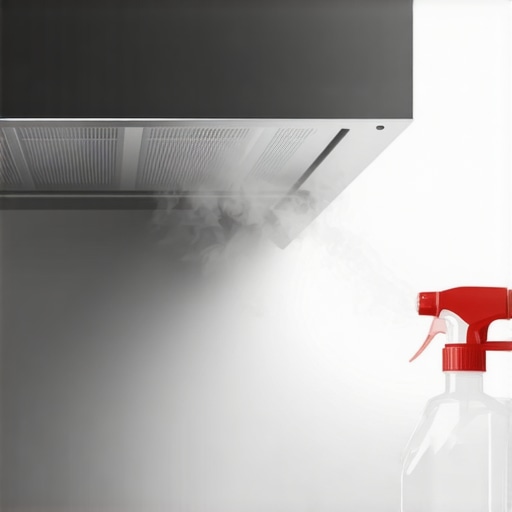 Maintenance Spray for Range Hood Filters A person maintenance cleaning a range hood filter with a spray bottle