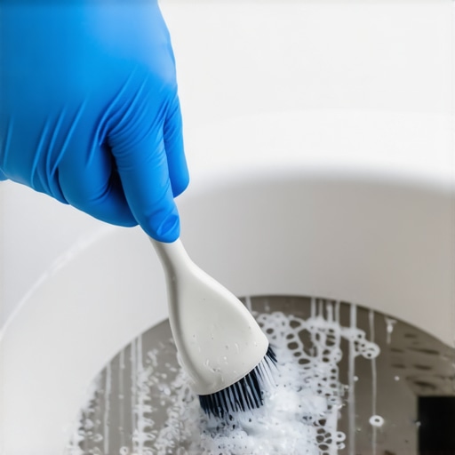 Manual scrubbing of a sink drain stopper Cleaning a bathroom sink stopper to remove biofilm and odors