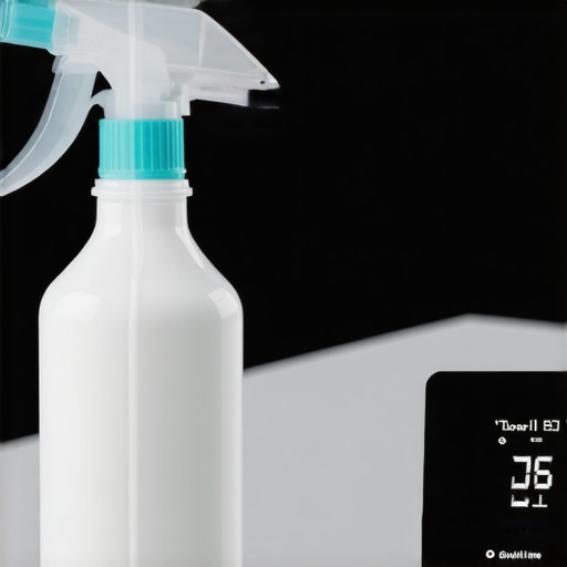 Mastering Disinfectant Dwell Time A spray bottle and a digital timer on a clean kitchen counter showing the wait time for effective sanitizing.