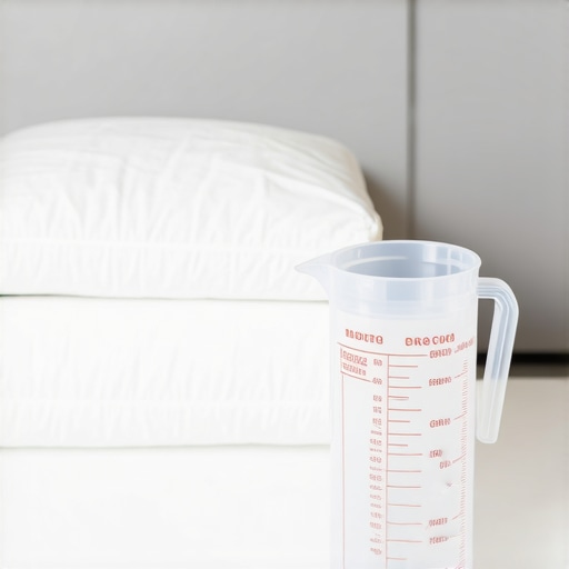 Measuring Professional Sanitizing Agents Close-up of oxygen bleach and laundry supplies for deep sanitizing of pillow protectors.