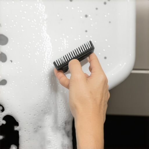 Mechanical cleaning before sanitizing A person scrubbing a kitchen surface to remove biofilm before applying disinfectant.