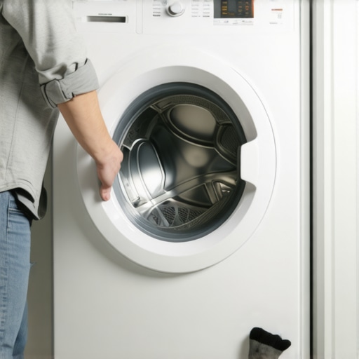 A person moving a washing machine to clean hidden dust and lint during a move-out cleaning.