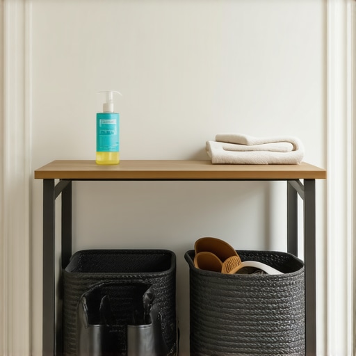 An organized home entryway with two floor mats and cleaning supplies to prevent dirt from entering the house.