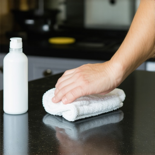 Polishing granite with microfiber A close-up shot of polishing a granite countertop with a microfiber cloth and pH-neutral cleaner.