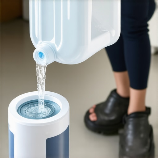 Close up of filling a steam mop with distilled water to prevent floor streaks