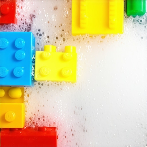 Pre-washing plastic toys in warm soapy water Colorful plastic toy blocks being washed with soapy water in a sink