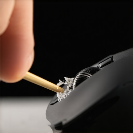 Person cleaning a computer mouse scroll wheel with a toothpick