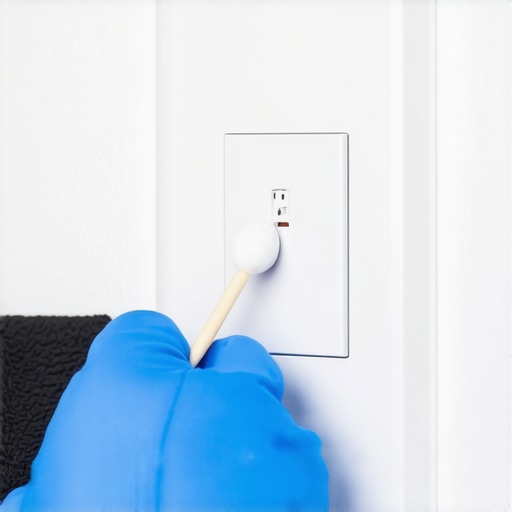 Precision cleaning of a light switch toggle Close up of hand using cotton swab to clean light switch plate crevices