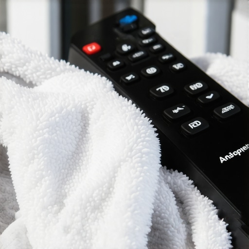 Precision cleaning of a television remote with microfiber Close-up of a person sanitizing a remote control with a damp microfiber cloth.