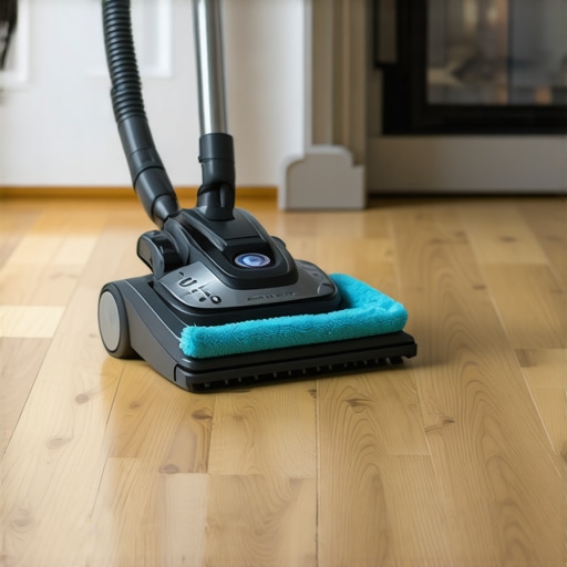 Professional Cleaning Gear for Home Maintenance Microfiber cloths and HEPA vacuum cleaner on a clean floor
