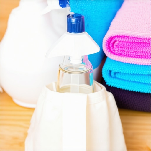 Professional Cleaning Kit for Reusable Bags A organized home cleaning kit with glass spray bottles and microfiber cloths on a kitchen counter.