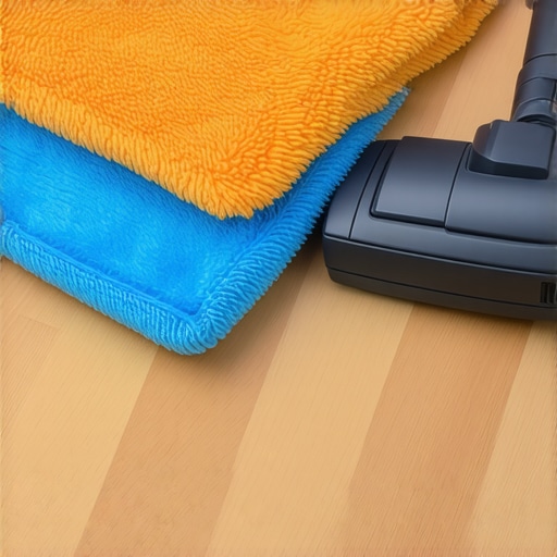 Professional Cleaning Tools and Equipment Close-up of color-coded microfiber cloths and a vacuum cleaner on a spotless hardwood floor.