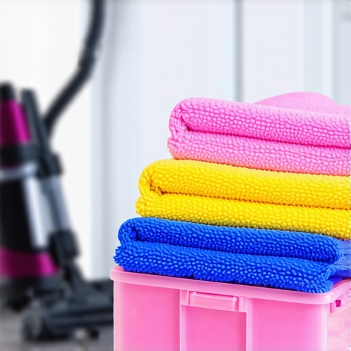 Professional Cleaning Tools and Microfiber Care A stack of professional microfiber cloths and a high-end vacuum cleaner for home maintenance.