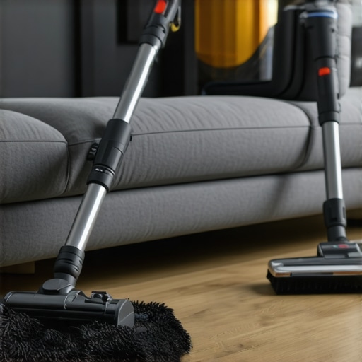 Professional Cleaning Tools for Home Maintenance A HEPA vacuum and upholstery cleaning tools being used on a sofa.