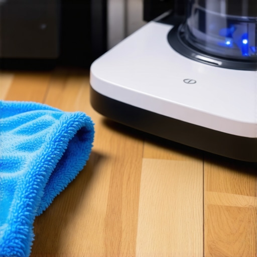 Professional Cleaning Tools for Home Maintenance A blue microfiber cloth and a HEPA vacuum cleaner on a clean floor.