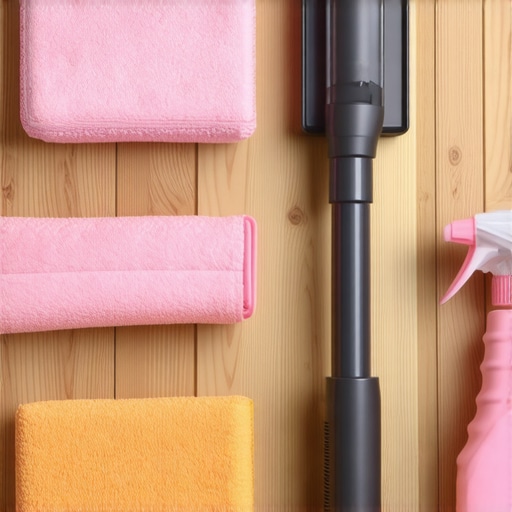 Professional Cleaning Tools for Home Maintenance A collection of high-quality cleaning tools including microfiber cloths and vacuum attachments on a hardwood floor.