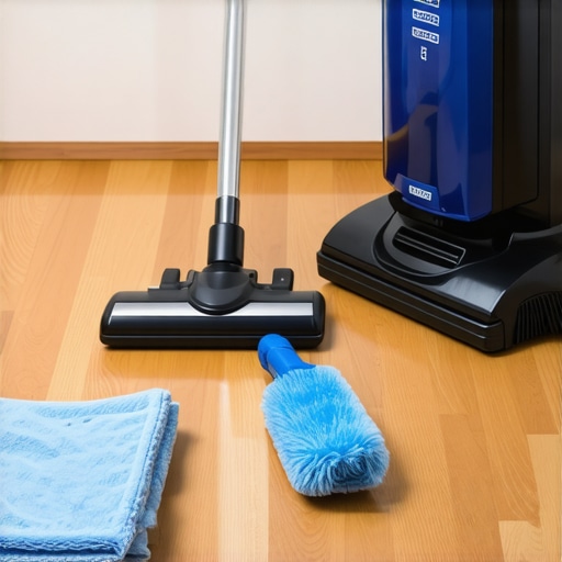 A collection of essential cleaning tools including a HEPA vacuum and microfiber cloths.
