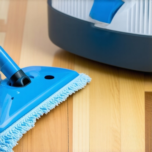 Professional Cleaning Tools for Surface Maintenance Microfiber mop and vacuum filter on a clean floor
