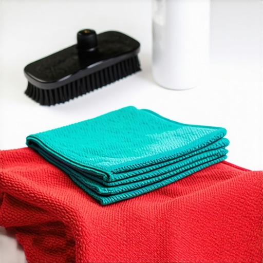 Professional Color-Coded Cleaning Tools A set of red, green, and blue microfiber cloths with a detailing brush for precision cleaning.