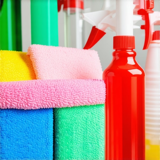 A caddy containing red, blue, and green microfiber cloths for organized house sanitizing.