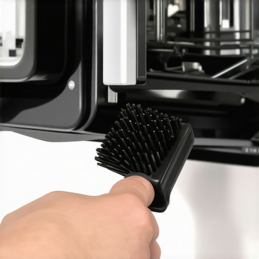 A hand scrubbing a dishwasher door seal with a detailing brush.
