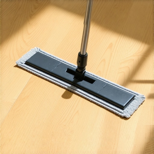 Professional Flat Mop on Restored Hardwood A professional flat microfiber mop cleaning a shiny restored wood floor.