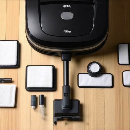 Professional Grade Cleaning Tools and HEPA Vacuum A high-end canister vacuum with HEPA filter and microfiber cleaning attachments organized on a clean floor.