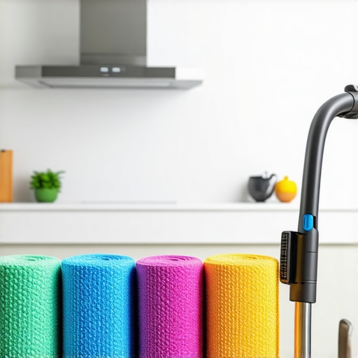 Close up of microfiber cloths and a HEPA vacuum used for maintaining a clean kitchen and home.