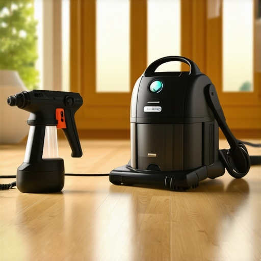 Professional Grade Cleaning Tools for Home Maintenance Pressurized sprayer and HEPA vacuum on a hardwood floor