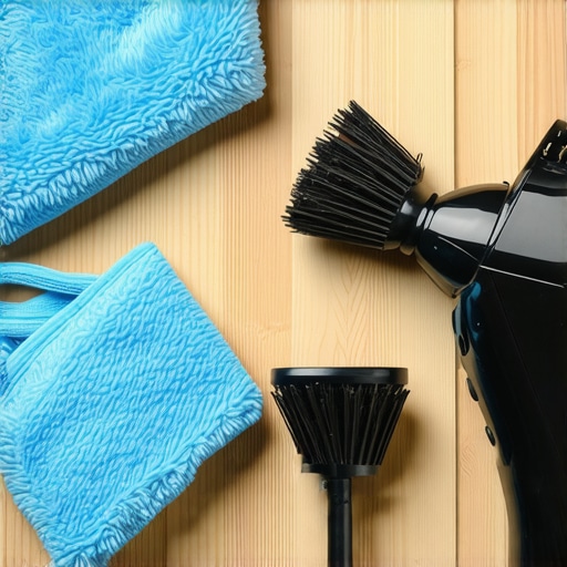 Close up of microfiber cloth and horsehair brush used for deep house cleaning