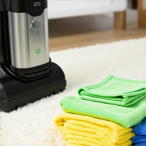 A high-end vacuum cleaner and color-coded microfiber cloths for professional home cleaning.