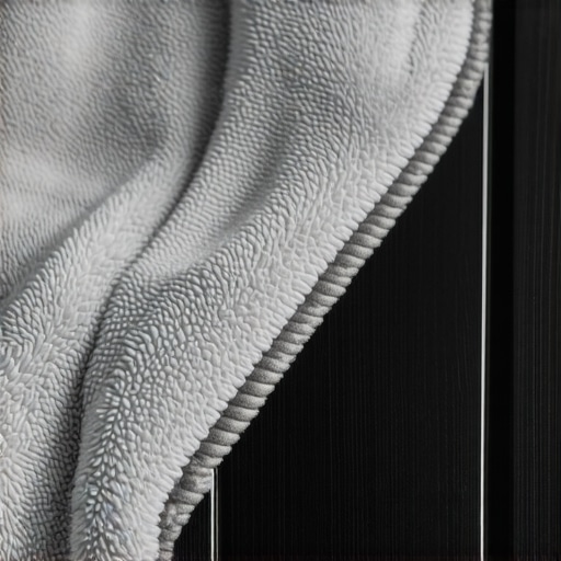 A high-quality microfiber cloth on a clean kitchen cabinet showing professional cleaning tools.