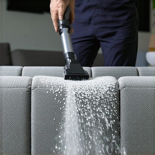 A professional vacuum tool cleaning a grey fabric sofa to maintain fiber integrity.