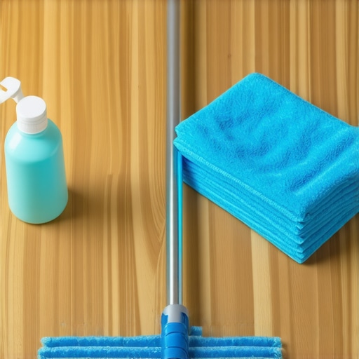 Professional Hardwood Cleaning Tools High-quality microfiber mop and pH-neutral cleaner on a wood floor