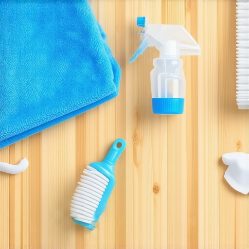 Close-up of high-quality microfiber cloths and cleaning spray for home maintenance.