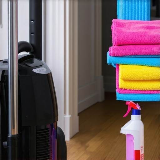 Professional Home Maintenance Cleaning Tools A HEPA vacuum and color-coded microfiber cleaning supplies on a clean hardwood floor