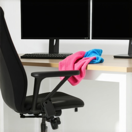 Professional Home Office Maintenance Setup A person cleaning a home office desk with a microfiber cloth and specialized cleaning tools.