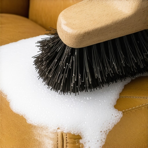 Professional Horsehair Brush for Leather Upholstery A horsehair brush being used to clean a leather sofa with foam.